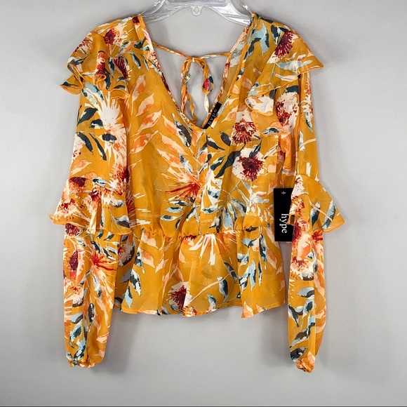 Hype Yellow Floral Semi Sheer Tie Back Blouse - Picture 5 of 8